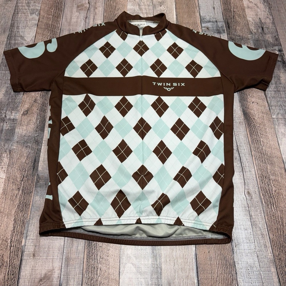 Twin Six Argyle Full Zip L Short Sleeve Cycling‎ Jersey Brown Performance